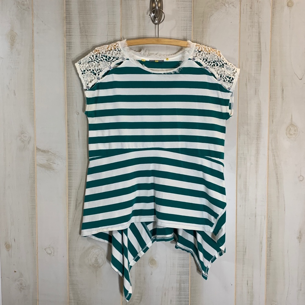 Anthro Little Yellow Button Green Stripe Top XS - Picture 3 of 6